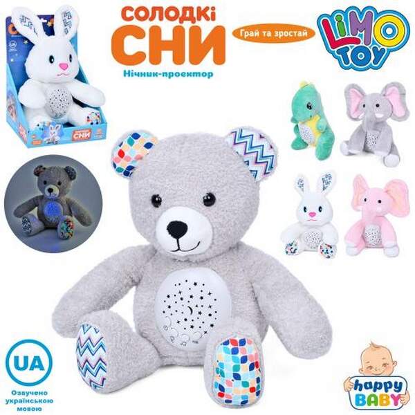 Нічник HB 0044 ABCDE (24шт) 30см, світло/проектор зоряного неба,музика(УКР), плюш, 5 видів, на бат-ц (шт.)