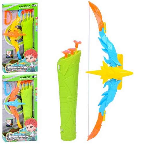 Лук 700-4 (60шт) 35,5см, стріли-присоски 3шт, колчан, мікс кольорів, в кор-ці, 19-40-3,5см (шт.)