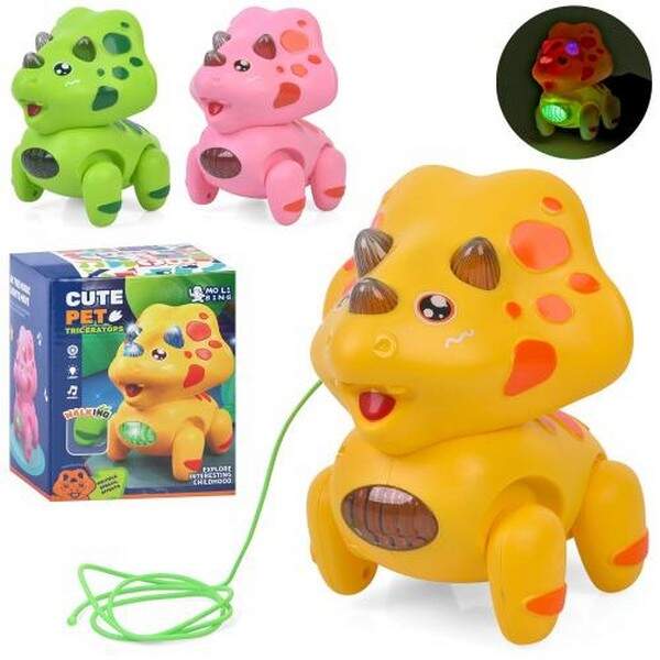 Музична іграшка QB-28Y (60шт) динозавр, 14см, ходить, музика, світло, резинка, на бат-ці, 3 кольори, (шт.)