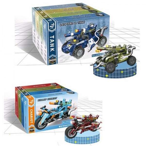 Конструктор 0918-42-43 (48шт) транспорт, 136+ деталей, стріляє, 6 видів( 3 машини, 3 мотоцикли), в к (шт.)