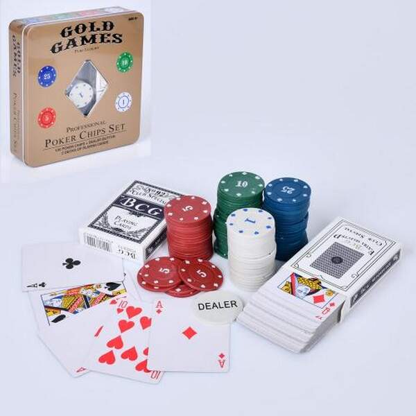 Гра TD202361 (18шт) покер, фішки 100шт з номіналом, карти 2 колоди, в кор-ці(метал), 20-20-5см (шт.)