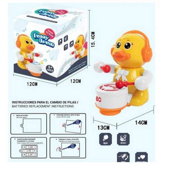 Музична іграшка 2025-88 (48шт) каченя, 15см, барабанщик, їздить, музика, світло, на бат-ці, в кор-ці (шт.)