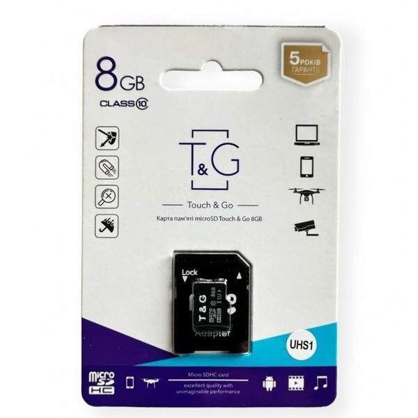 карта пам'яті T&G micro SD8Gb class10  з адаптером (USH1) (шт.)