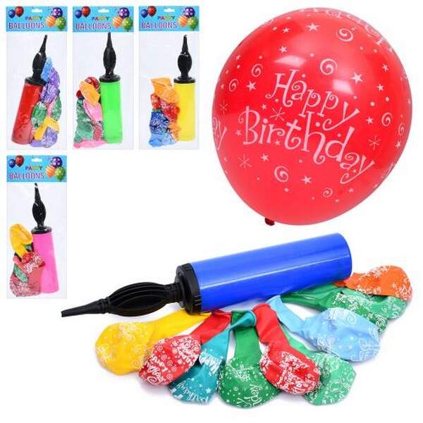 Повітряні кульки MK 5482 (50шт) 12 дюймів, Happy Birthday, набір 10шт/7кольорів, насос 27см, мікс ко (шт.)