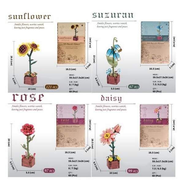 Пазли 1200-1-2-3 (60шт) 3D пазл, квітка у горщику, від 67дет, картон, 4 види, в кор-ці, 16,5-24,5-1с (шт.)