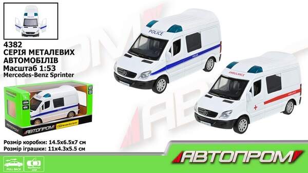 Машина мет. АВТОПРОМ арт. 4382 (96шт/2) 1:53 Mercedes-Benz Sprinter, відкр.двері,короб. 14,5 * 6,5 * (шт.)