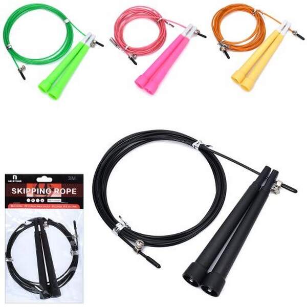 Скакалка MS 3765 (100шт) 290см, ручка пластик, мотузка гума+метал, 4кольори, в пакеті, 14-22-2,5см (шт.)