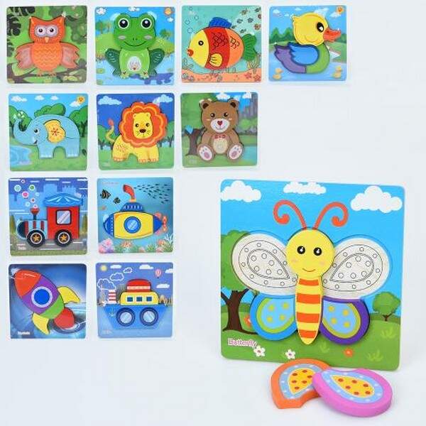 Дерев'яна іграшка Пазли MD 1532 (50шт) 12 видів (тварини, транспорт, метелик, качка, риба, жаба), у (шт.)