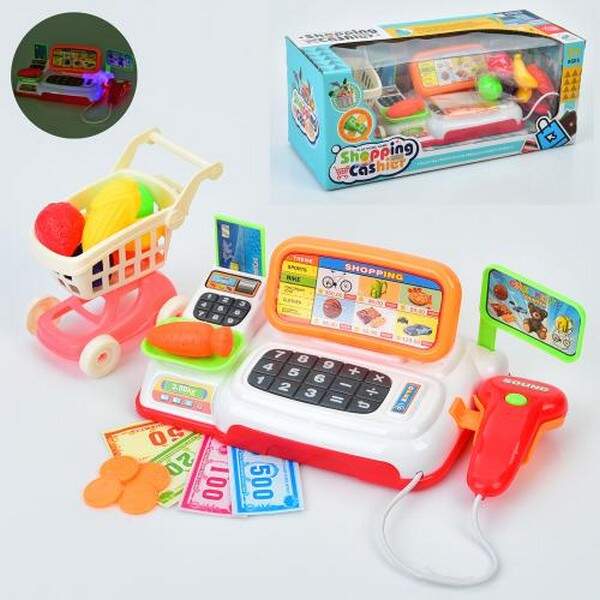 Касовий апарат 666-32 (54шт) 22,5см, сканер, звук, світло, возик 11см, продукти, гроші, на бат-ці, в (шт.)