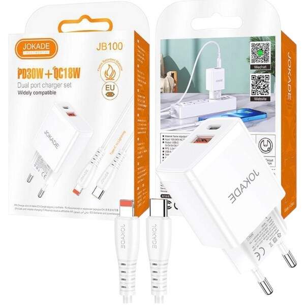 МЗП JOKADE JB100 PD30W+QC3.0 + кабель Type-C to Lightning білий (шт.)