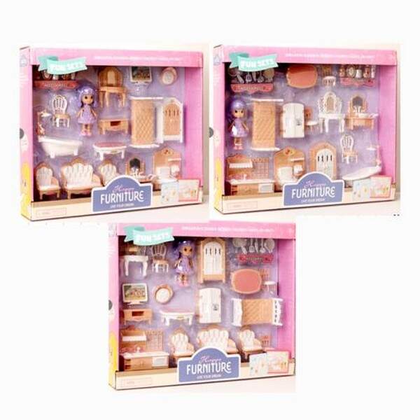 Меблі 0588-50-51-52 (36шт) кухня/вітальня/вання кімната, лялька 9см, аксесуари, 3 види, в кор-ці, 39 (шт.)