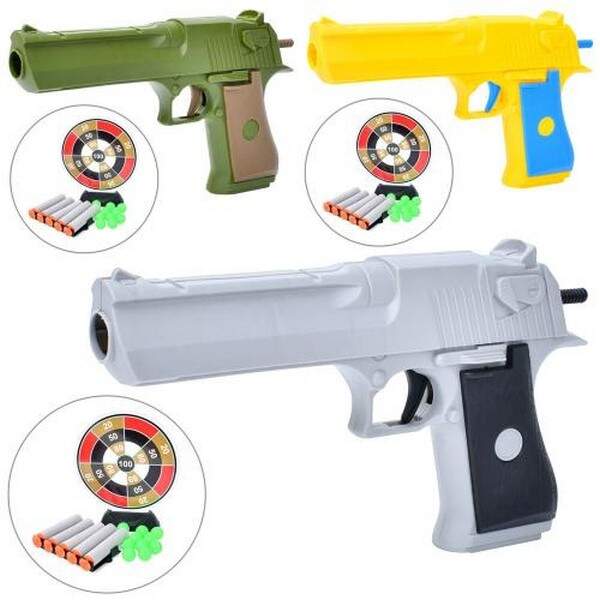 Пістолет 003-A1-3-4 (196шт) 20см, м'які кулі-присоски 5шт, пласт.кулі, мішень, 3 види, у пакеті, 20- (шт.)