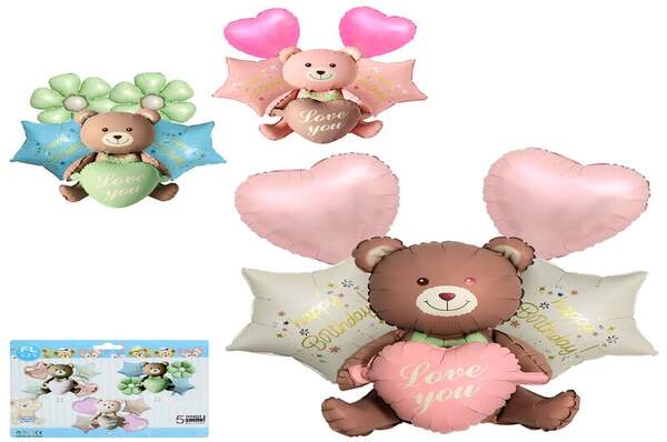 Повiтрянi кульки MK 5648 (50шт) набір 5шт (ведмедик 67см Love you, зірка 43см 2шт Happy Birthday, се (шт.)