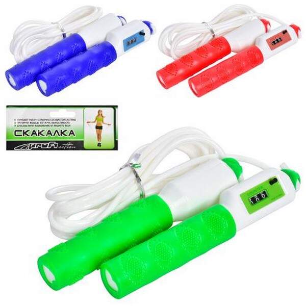 Скакалка MS 3316 (60шт) 270см, мотузка гума,ручка-пластик,лічильник,3 кольори,кул,14-24-3см (шт.)