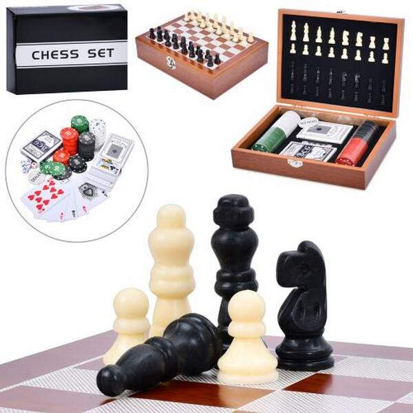 Шахи TD202309 (15шт) дерев'яні, фігури пластик, 2в1 (покер, 2 колоди карт,фішки з номіналом), в кор- (шт.)