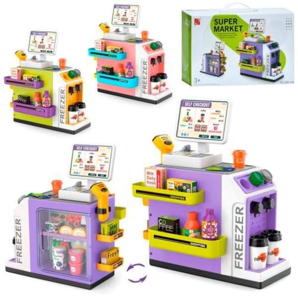 Магазин 668-136-137-138 (18шт) прилавок, каса, сканер, звук, світло, кавоварка-ллється вода, продукт (шт.)