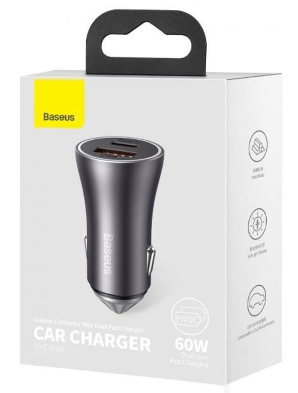 АЗП Baseus Golden Contactor Max Dual Fast Charger Car Charger U+C 60W Dark Gray (CGJM000113) (шт.)