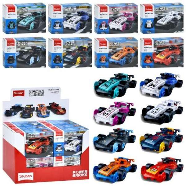 Конструктор SLUBAN M38-B1378 (144шт) гоночна машина, інерц, від 50дет, в кор-ці, 16шт(8видів) в дисп (шт)