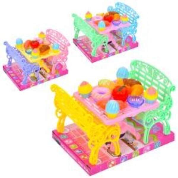 Їдальня A8-687 (108шт) стіл, лавка 2шт, продукти, посуд, мікс кольорів, у слюді, 16-12-11,5см (шт)