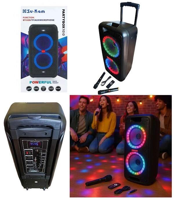 Портативна колонка Su-Kam 1010 + 2 мікрофони + BT 12v\220v (1) 7072 (шт)