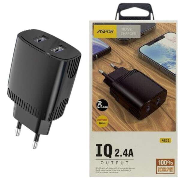 МЗП Aspor A811 (2USB/2.4A) чорний (шт)