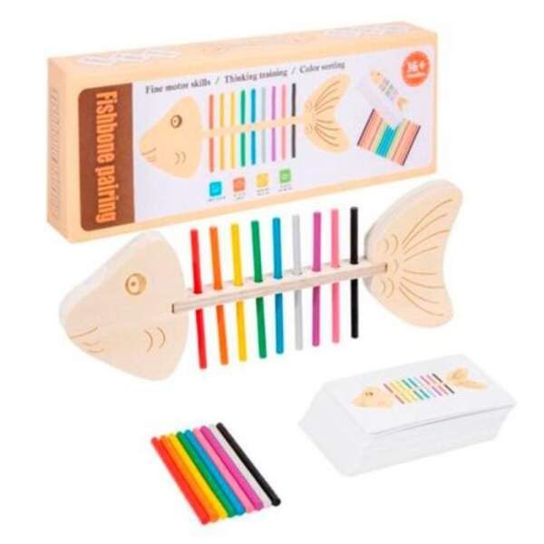 Дерев'яна іграшка MD 0746 (40шт) навчальний набір, скелет риби 24см, кольорови палички, картки, в ко (шт)