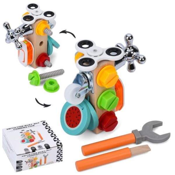 Дерев'яна іграшка Бізикуб MD 0757 (24шт) 14-13-8,5см, спінер, вмикач, болти, колесо, вентиль, рухлив (шт)