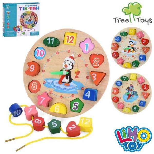 Дерев'яна іграшка Годинник MD 0766 (40шт) 17,5см, рамка-вкладиш, фігури-цифри, шнурівка, 3 види, в к (шт)