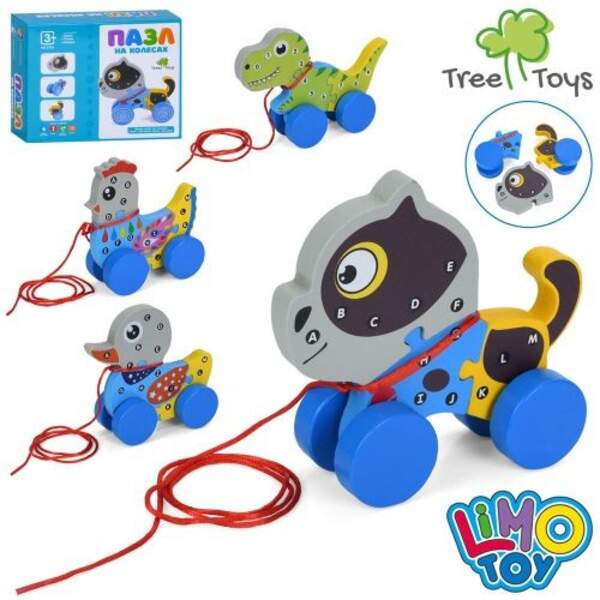 Дерев'яна іграшка каталка MD 0754 (40шт) Пазл на колесах, тварина/пташка на колесах, 4 види, в кор-ц (шт)