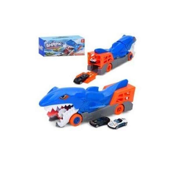 Трейлер 3303-1 (24шт) 34см, 2в1(трек), корпус акула,гумові колеса 2шт, машина (2шт, метал, 7см), в к (шт)