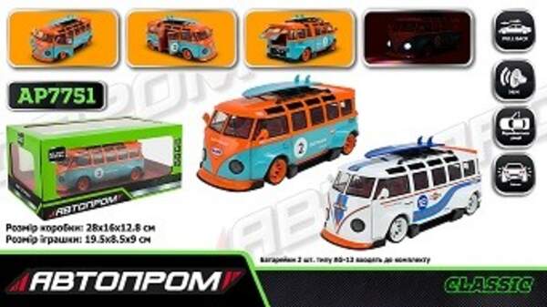 Машина мет. АВТОПРОМ арт. AP7751 (12шт/2) 1:24 Volkswagen t1 bus,2 кольори батар,світло,звук,відкр.д (шт)