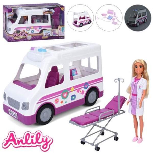 Лялька 636119 (8шт) лікарка, 28см, машина/швидка допомога (37см, звук, світло), каталка медична 25см (шт)