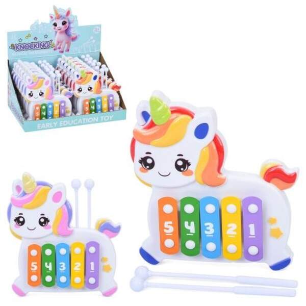 Ксилофон 596K-3 (240шт) єдиноріг, 13-15-2см, 5 тонів, 2 палички, 12шт(2кольори) в дисплеї, 27,5-16-1 (шт)