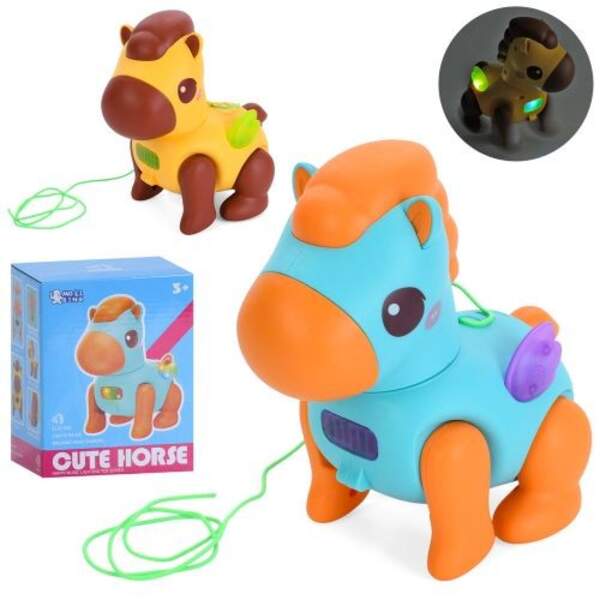 Музична іграшка QB-191Y (48шт) конячка, 15см, ходить, музика, світло, рухлива голова, мотузка, 2 кол (шт)