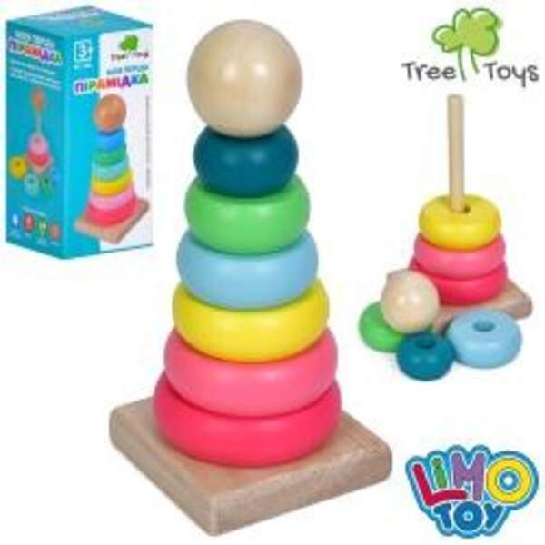 Дерев'яна іграшка Пірамідка MD 1982 (50шт) 13,5см, кільця 6шт, в кор-ці, 7-14,5-6,5см (шт)