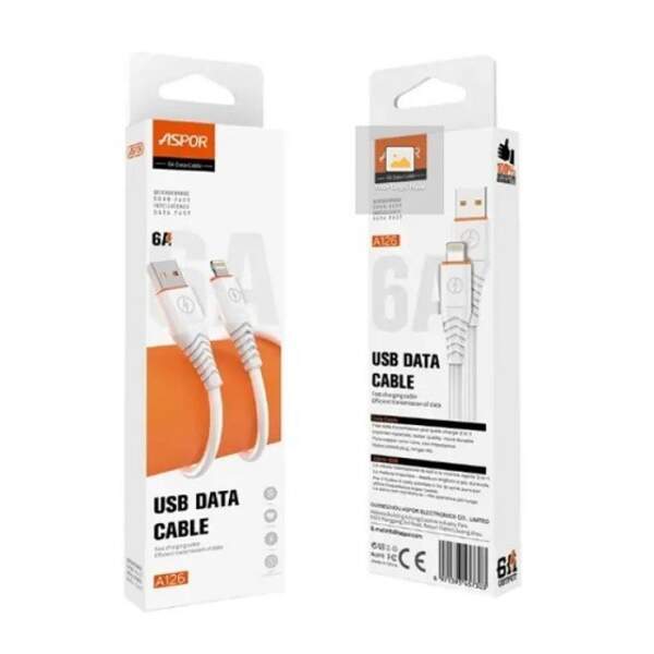 USB кабель Aspor A126 Lightning Quick Charge 6A/1м- білий (шт)