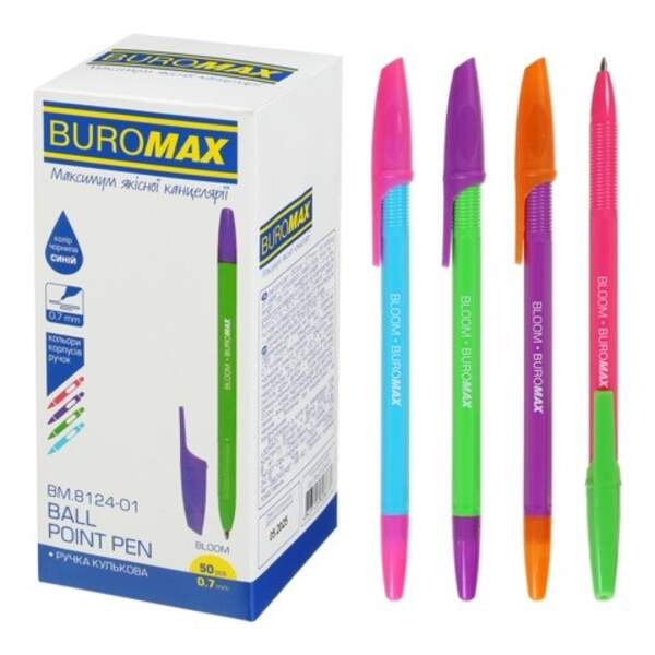 Ручка кулькова BLOOM, 0.7мм.  ассорті корпусів, сині чорнила BM.8124-01 (50/1000/2000) (шт)