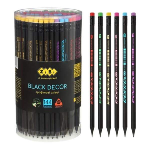 Олівець графітовий HB,  BLACK DECOR, пластиковий,триграний,з гумкою, туба - 144 шт ZB.2321 (144/576) (шт)