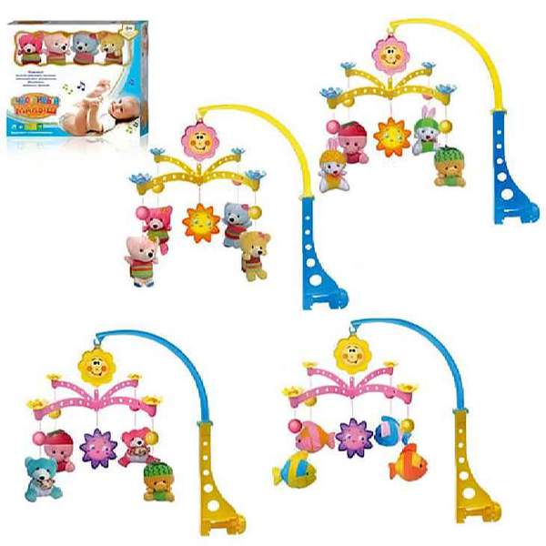 Карусель M 1178 U/R (24шт) на ліжечко, 4 види, плюш, муз, заводна, в кор-ці, 43-36-6см (шт.)