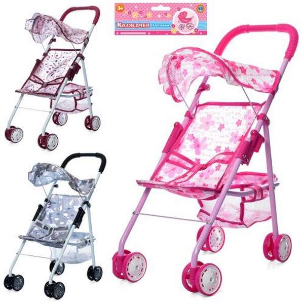 Коляска M 0352 U/R (24шт) для ляльки, прогулянкова,46-53-22см, кошик, козирок, колеса 6,5см,в кульку (шт.)